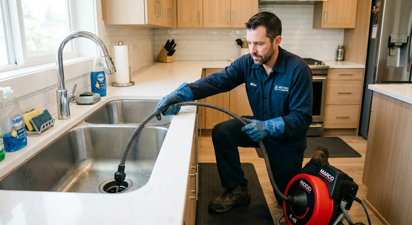 Drain cleaning technician using a motorized snake on a kitchen sink in North Alamo