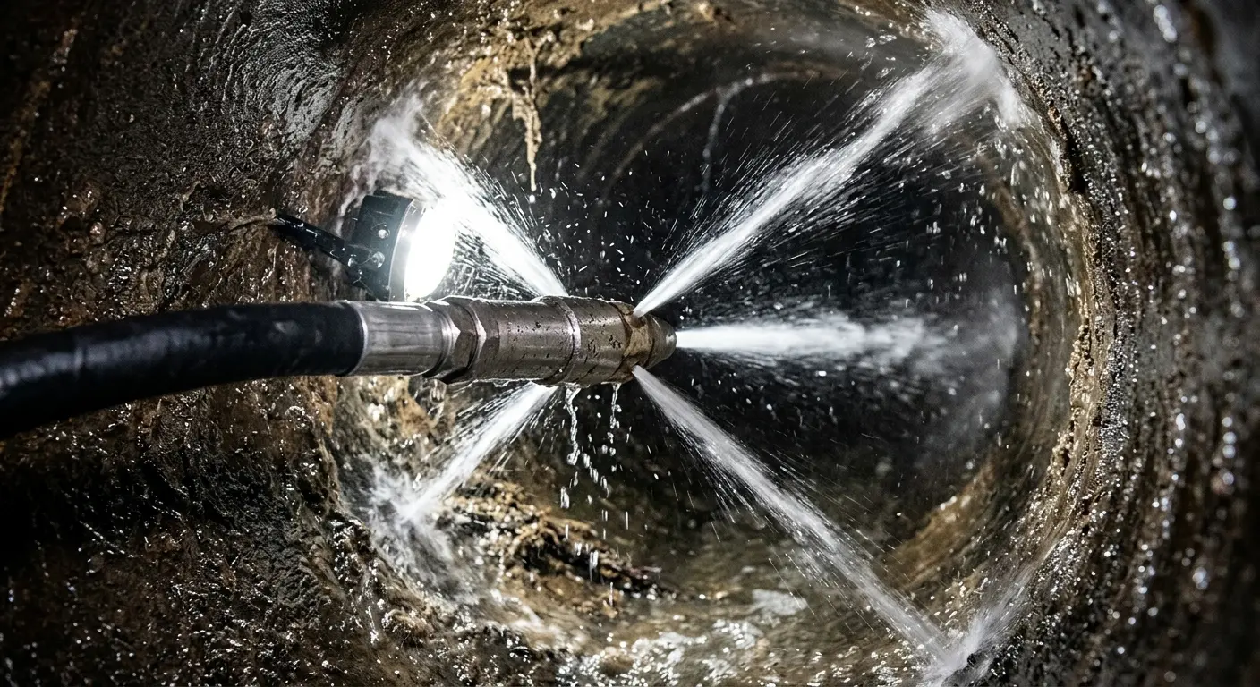 High-pressure hydro jetting nozzle cleaning sewer pipe for Trenchless Sewer Repair in North Alamo