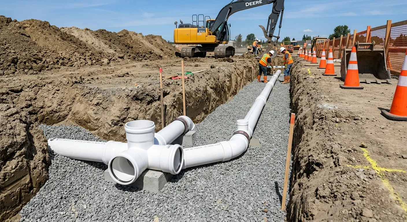 New PVC sewer pipe installation in open trench for Sewer Backup in North Alamo