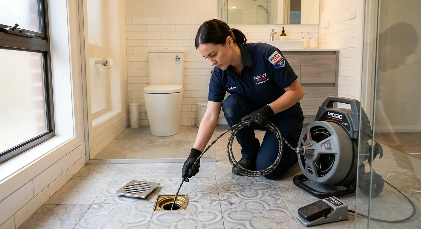 Technician clearing a bathroom floor drain for Hydro Jetting in North Alamo